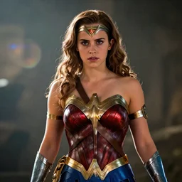 emma watson as wonder woman in the witcher 3, movie still, cinematic lighting, dramatic, octane render, long lens, shallow depth of field, bokeh, anamorphic lens flare, 8 k, hyper detailed, 3 5 mm film grain