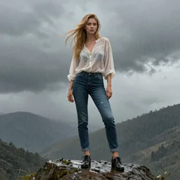 a gorgeous woman with long light-blonde hair wearing a blouse and jeans, standing in the rain on top of a mountain, highly detailed, digital painting, artstation, concept art, sharp focus, illustration, art by artgerm and alphonse mucha