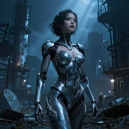 stunning, breathtaking, epic, award-winning photo of an attractive, alluring biomorphic female android in a desolate abandoned post-apocalyptic industrial city at night, extremely moody blue lighting, god rays