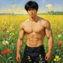 attractive man in flower field, muscular, painting by j. c. leyendecker, yoji shinkawa, katayama bokuyo