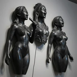 3 d female heads mounted on a wall singing soul music to each other, pearlescent black, octane smooth masterpiece, highly detailed dino valls wayne barlowe machiej kuciara, dramatic lighting, medium shot, low angle, uhd 8 k, sharp focus