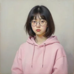 portrait of a korean girl with a Bob cut, bedhead, wearing round glasses, wearing a pastel pink hoodie, oil on canvas, elegant pose, masterpiece, Jonathan Yeo painting