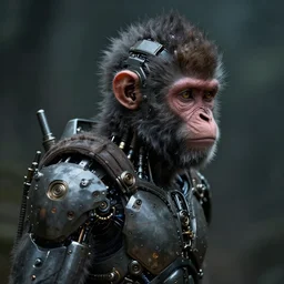 a rugged monkey with cybernetic enhancements, scifi character portrait by greg rutkowski, esuthio, craig mullins, 1 / 4 headshot, cinematic lighting, dystopian scifi gear, gloomy, profile picture, mechanical, half robot, implants, steampunk