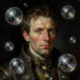 a close - up dark portrait painting of a steampunk scientist with floating orbs covered in chrome mercury. gloomy atmosphere, black background. highly detailed science - fiction painting by norman rockwell, moebius, frank frazetta, and syd mead. rich colors, high contrast. artstation