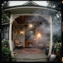 kodak portra 4 0 0, wetplate, fisheye, award - winning portrait by britt marling, 1 9 2 0 s victorian porch, outside, ghost, picture frames, shining lamps, dust, smoke, 1 9 2 0 s furniture, wallpaper, carpet, books, muted colours, wood, fog, plants, flowers