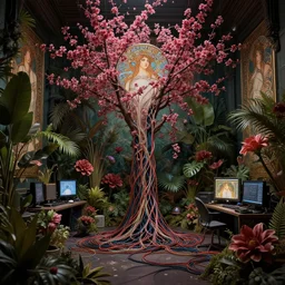 dark cherry blossom and jungle plants, in a floral room full of neural networks and wires and computers, dark sci - fi, ai, 4 k realistic, art nouveau, alphonse mucha