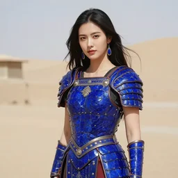 photo of a real-life beautiful warrior with lapis lazuli armour