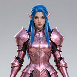 a beautiful and highly detailed digital portrait of a dignified female elven paladin with blue hair in rose gold armor by clint cearley and karol bak, centered, artsation contest winner, artstation hd, cgsociety, fantasy art, cryengine, concept art, photorealism, daz 3 d, sketchfab, zbrush, vray