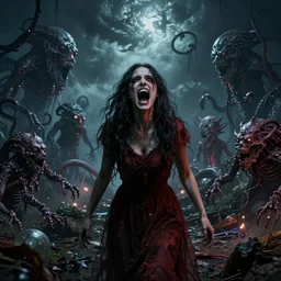 realistic horros, female screaming, chaotic world, impossible colors, gripping reality, photo taken by cosmic horrors