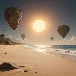 a wide angle movie still of a beach on an alien planet with floating rocks, multiple suns, beautiful shot on celluloid with panavision cameras, panavision lenses, 3 5 mm film negative width, anamorphic projection format, critically acclaimed, oscar winning practical effects