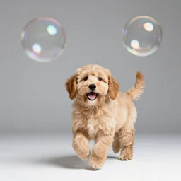 stock photos of a golden doodle puppy chasing after giant soap bubbles in a studio