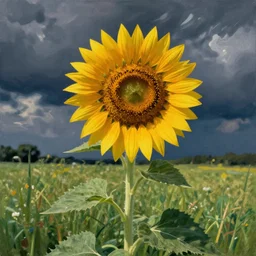 lone sunflower against a meadow, in the style of georgia o'keeffe