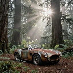 A photograph of a rust covered AC Cobra in an old misty redwood forest, overgrown with vegetation, massive trees, sun shining through the trees, backlit, crepuscular rays, muted colors, 8k