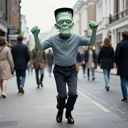 full-color photo taken in 1969 of: In the busy streets of London, an elderly male Frankenstein monster is doing a groovy dance as he slowly walks toward the camera. The top of his head is flat. He is wearing a kitschy stylish 1960s outfit. One of his eyeballs is joo-joo. He is a holy roller. He has long hair that has grown down to his knees. He is probably a joker because he does whatever pleases him. Professional promotional photograph.