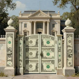 Bill gates building gates made of dollar bills, rococo painting, smooth, sharp focus,, pixiv, ultra highly detailed