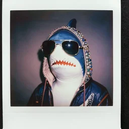 super awesome head to shoulder portrait colored polaroid film photograph of a vaporwave mannequin shark wearing aviator shades. wearing bling from the hood. super classy. stylish. super resolution. extremely detailed. polaroid 6 0 0 film. by annie leibovitz and richard avedon
