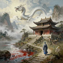 a gorgeous landscape painting by barlowe wayne, maxfield parrish and marco mazzoni. an abandoned chinese temple. a ultra long chinese white dragon is flying through the clouds and mist among the mountains. birds. a lonely chinese grey blue monk walks on the winding stone steps, 3 d, octane render, turbulent blood lake, 8 k.