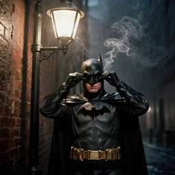 1930's photos of batman caught removing his mask under street lamp in an alley with stoic frown expression, dark atmosphere raining and smokes everywhere