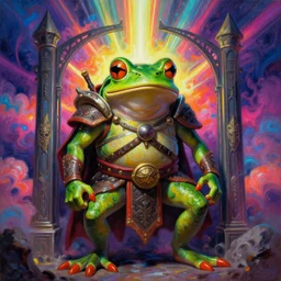 👽 anthropomorphic frog warrior, [ style ] [ oil painting ] [ palate ] [ vibrant gothic colors ], 👾 vibrant neon nebulous clouds, radiant light rays, photorealistic painting, intricate and fine details, volumetric lighting, artstation, god figure at the gate