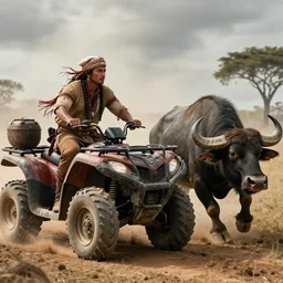 indian on wooden native atv attacking bufallos, action scene, an epic fantasy, dramatic lighting, cinematic, establishing shot, extremely high detail, photorealistic, cinematic lighting, artstation, octane render, by simon stalenhag, buffalo hunt movie, alpha movie, western