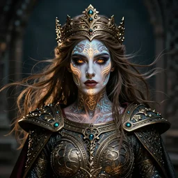 portrait of a powerful celtic queen in the style of bob eggleton with face paint. glowing, ornate and intricate, stunning, dynamic lighting, intricate and detailed