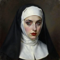 hyperrealistic artnouveau portrait oil painting of a vampire nun fine delicate details dark and blurry colors in style of michael hussar