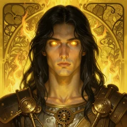 portrait of god ares, long black hair, glowing eyes, volumetric lights, fire background, art nouveau botanicals, yellow scheme, gothic, intricate, highly detailed, digital painting, artstation, concept art, smooth, sharp focus, symmetric face, illustration, steampunk, art by artgerm and greg rutkowski and alphonse mucha