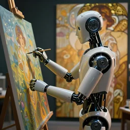 Still of a humanoid robot creating art with painting, high detail, cinematic, art by tian zi and WLOP and alphonse mucha