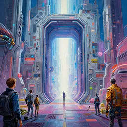 a gigantic wall which is a portal to the metaverse, airbrush painting, by Liam Wong, Jim Burns, Bruce Pennington, cyber-punk, sci-fi, trending on ArtStation, masterpiece, art gem, 8K,