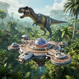 a drone view of an elaborate time machine with floating platform over a prehistoric jungle with a t - rex in the background, unreal engine, hyper detailed
