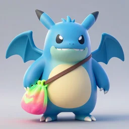 a cute + cartoon + monster + pokemon + smile face + strong wings + carrying neon bag, realistic photo, 4 k,