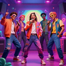 friends doing karaoke, epic pose, distinct figures, digital art, vaporwave, psychedelic hip-hop, surreal, trending on Artstation, professional artist, detailed, 4k