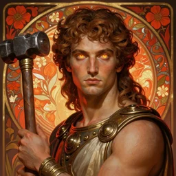 the greek god hephaestus, brown hair, holding hammer, steampunk, beautiful glowing eyes, volumetric lights, red and orange theme, art nouveau botanicals, intricate, highly detailed, digital painting, artstation, concept art, smooth, sharp focus, cinematic, illustration, beautiful face, art by artgerm and greg rutkowski and alphonse mucha