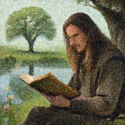 a man with long hairs reads an old celtic book, a pond with flowers and a single tree in the background, art by James Jean and Wayne Barlowe, high detail, cinematic, cgsociety 8k