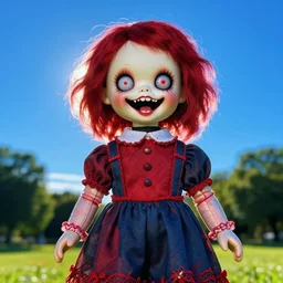 a colorful portrait photograph of divine, blue sky in the park, with a diabolical cursed creepy doll, poppy playtime style, with crazy laughs and crazy eyes, taken by martin parr, saturated colour photo, back light flash, studio light, high definition, 8 k