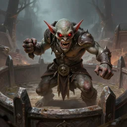 enraged goblin in fighting pit, red eyes, d & d, fantasy, concept art, artstation