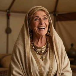 dramatic film still of 80 year old Mediterranean skinned woman in ancient Canaanite clothing laughing, embarrassed, surprised, ancient interior tent background, Biblical epic directed by Steven Spielberg