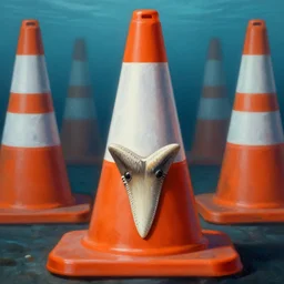 orange and white striped traffic cone shark tooth, underwater background detailed atmospheric - ron cheng & alphonse mucha, highly detailed, digital painting, ray tracing, concept art, illustration, smooth sharp focus, intricate, symmetry, artstation,