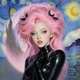 portrait of a beautiful girl, black latex, funky hair, intimate, pastel shades of pink, beautiful face, rule of thirds, spotlight, expressive, passionate, by greg rutkowski, by jeremy mann, by francoise nielly, by vincent van gogh, digital painting