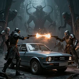 Armored Audi 80 B3 Avant (1988) facing off a dark knight, Dark Souls 3, Eldritch Horrors, Wretched and Corrupted Knights, Heavy Battle, Fight, Car vs Knight, gunshots fired, a grim fantasy, Anor Londo, dramatic lighting, cinematic, establishing shot, extremely high detail, photorealistic, cinematic lighting, artstation, by simon stalenhag