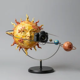 a kinetic sculpture of this solar system, sun, orrery, canon 5 d 5 0 mm lens, papier - mache, studio, 1 9 2 8