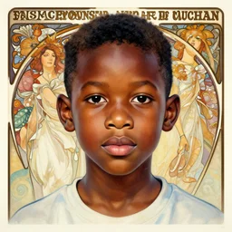 colourful upper half portrait of an african boy with proportions in the style of a caricature - presented in magazine collage style, art by hsiao - ron cheng & alphonse mucha, hsiao - ron cheng, magazine collage, highly detailed, caricature, digital painting, concept art, ray tracing, illustration, illustration, smooth, sharp focus, intricate, symmetry, pinterest, behance, artstation