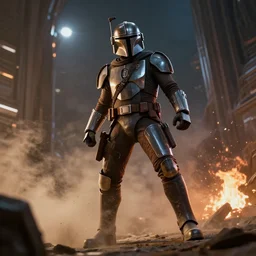 off angle beautiful full body shot film still of the Mandalorian at night in science fiction city, volumetric lighting, dust, smoke, fire, action pose, low angle, hard surface modeling, lens flare, J.J. Abrams , George Lucas, zbrush, unreal, redshift, 3d model, 8k
