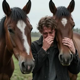 a depressed photo of a dying guy crying while his horse is crying