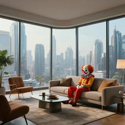 high resolution concept art of an apartment living room overlooking a large futuristic city with floor to ceiling windows and mid century modern furniture and a sad clown sitting on the couch cinematic lighting cgsociety