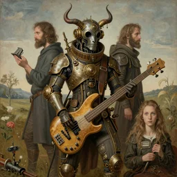 steampunk horus with a bass guitar. a matte symmetrical portrait of inner thought by hieronymus bosch, cyril rolando, esher and natalie shau, whimsical, profound, impossible. painted, intricate, trending on devaintart.