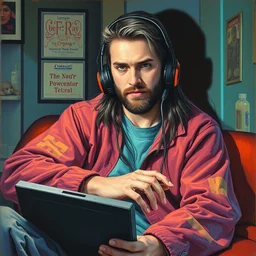 1 9 8 9 nes commodore 6 4 box art. cyberpunk person. cozy. character class. keith parkinson. oil on canvas