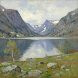 a painting of large lake in norway, spring, oil on canvas, by peder severin kroyer