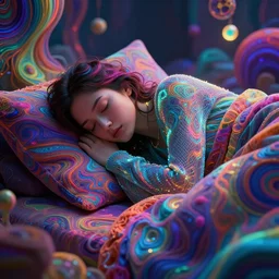 photorealistic sleeping in a trippy psychedelic world. hyperdetailed photorealism, 1 0 8 megapixels, amazing depth, high resolution, 3 d shading, 3 d finalrender, 3 d cinematic lighting, glowing rich colors, psychedelic overtones, artstation concept art.