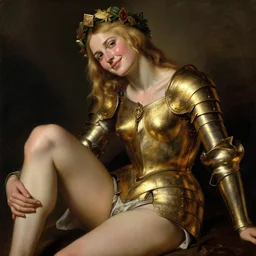 sweating, blushing, rugged sultry saoirse ronan, blonde hair, wearing gold armour, posing seductive, looking seductively, ornate wreath, smiling, legs, oil painting by titian, hard focus, masterpiece